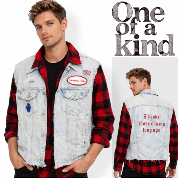 VINTAGE Distressed Denim Plaid shirt Jacket I Broke Those Chains Statement